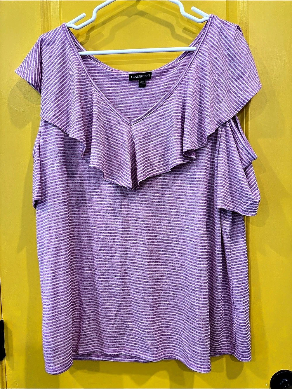 Lane Bryant Purple Striped Ruffle Short Sleeve Top